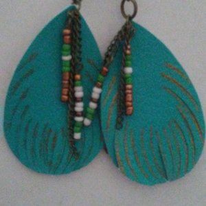 Teal Feathered Leather with Chain Beading Atop